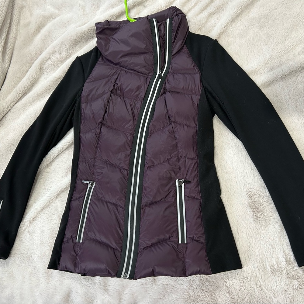 Be Boundless Black and Purple Puffer Jacket with High Collar and Quilted Design